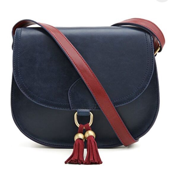 ECOSUSI Navy Blue and Deep Red Vegan Leather Saddle Crossbody Bag - Picture 1 of 11